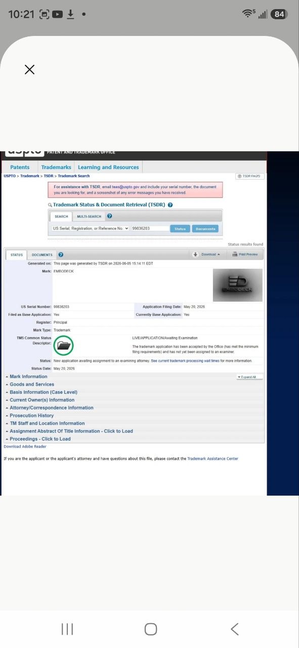EMBODECK USPTO registered trademark certificate – patented 3D embossing technology